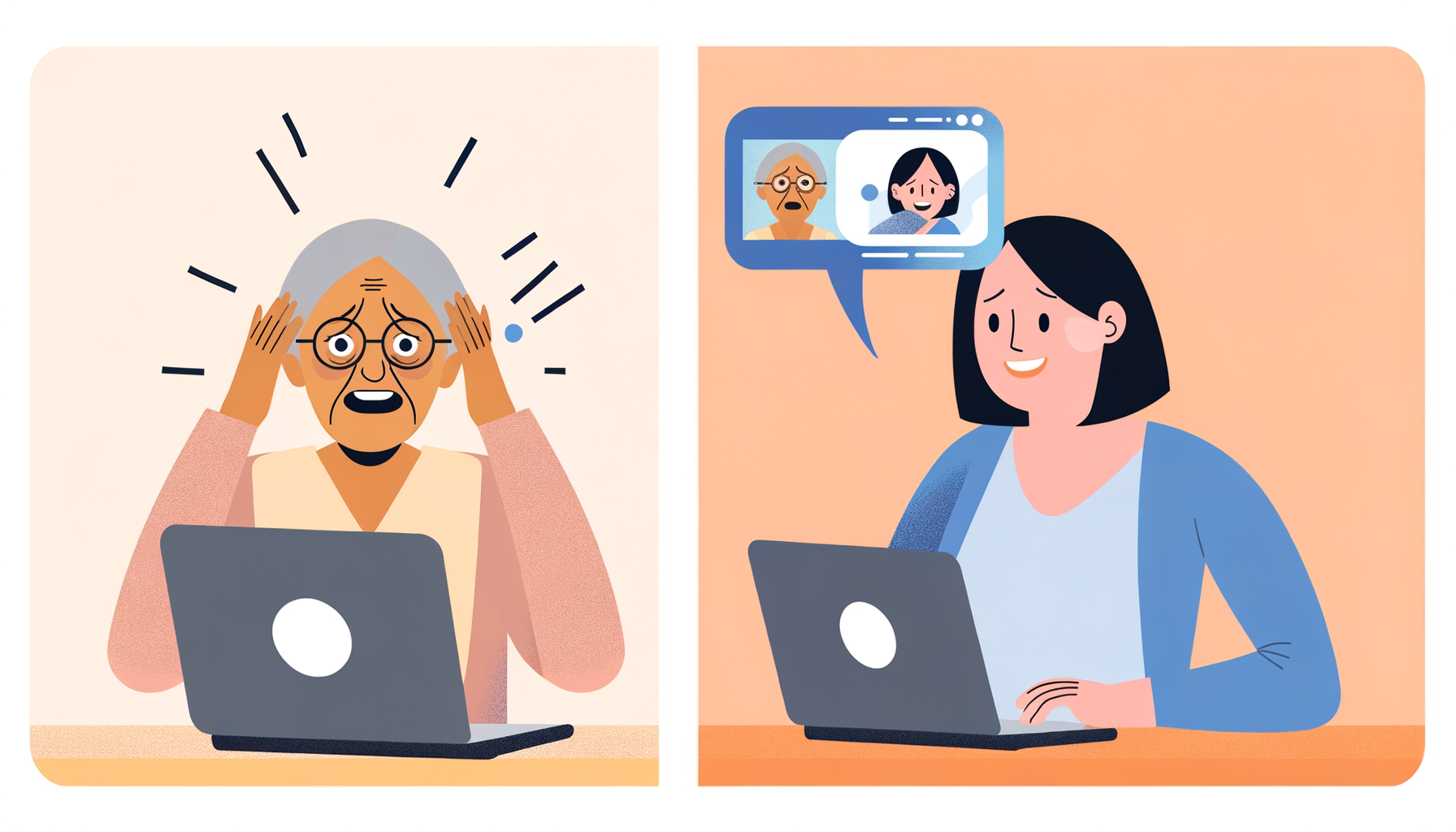 Comparison showing impatient tech help versus patient AI tutoring