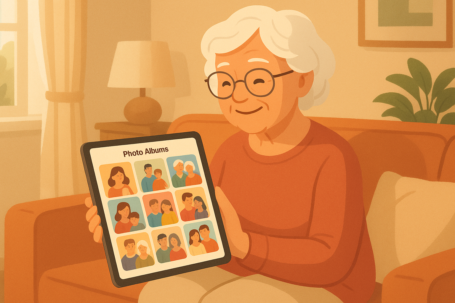 Senior woman sitting on a couch happily organizing family photos on her iPad in a cozy North York home