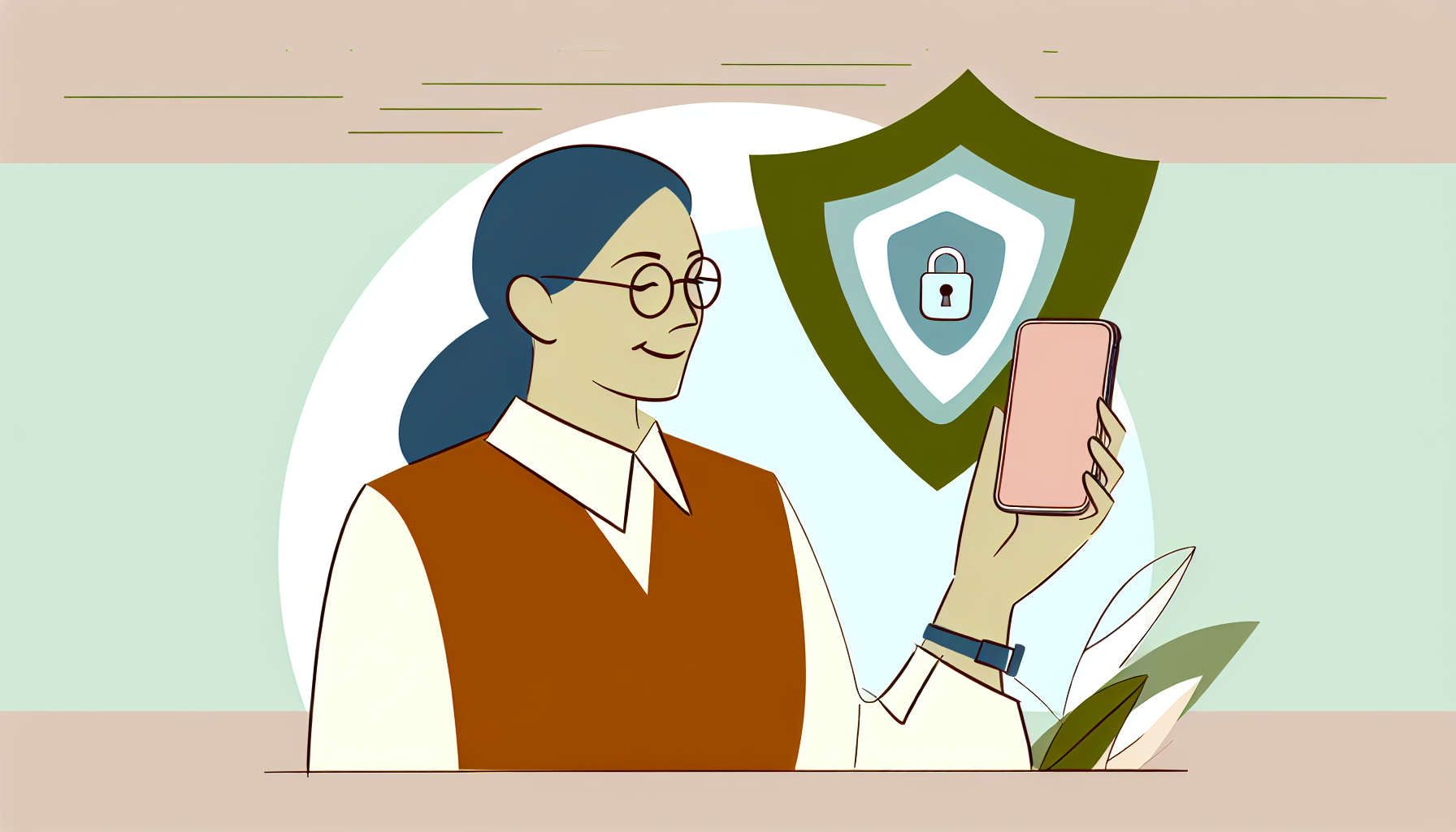 A confident senior person using their phone safely with security protection symbols