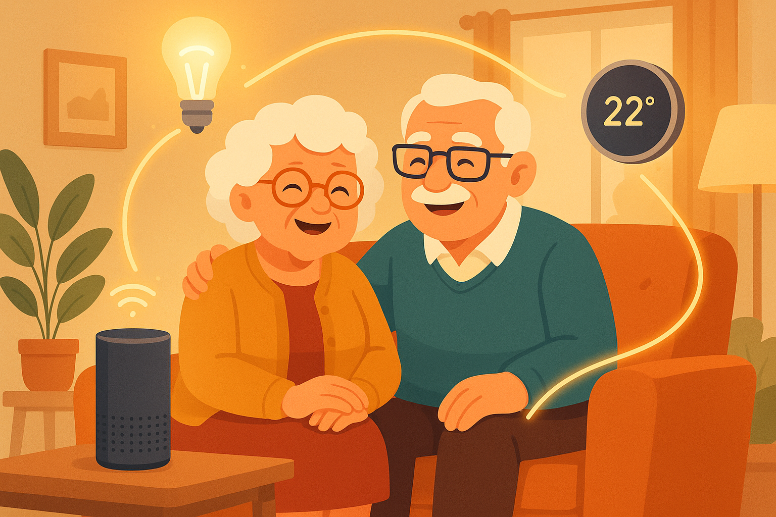 Senior couple in a cozy Willowdale home surrounded by smart home devices including a smart speaker, smart light, and smart thermostat, all working harmoniously