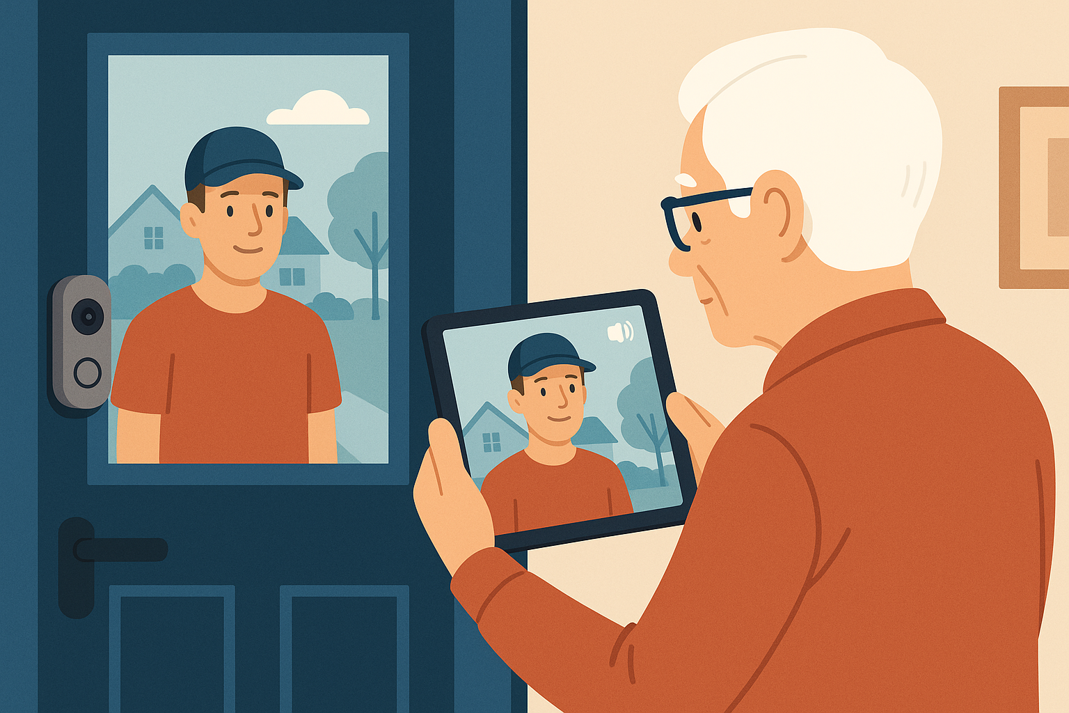 Illustration showing various uses for smart plugs in a senior's home: lamp, coffee maker, fan, and holiday lights all controlled by voice or phone